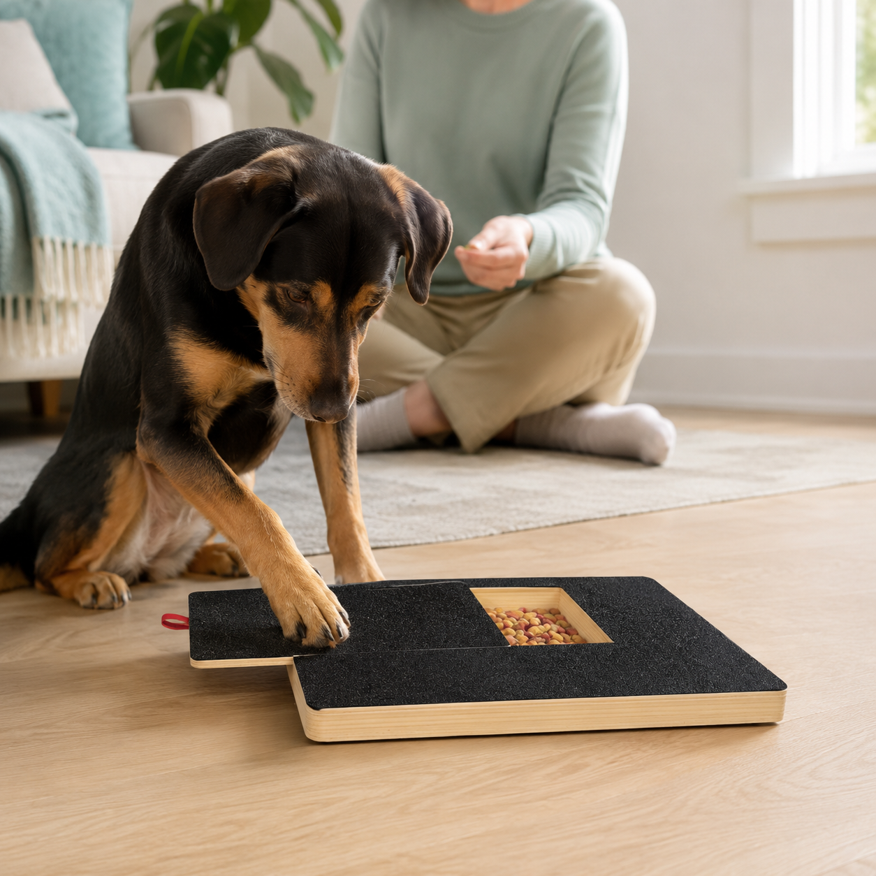 A dog scratching the PawTrim Reward Board while its owner offers a treat