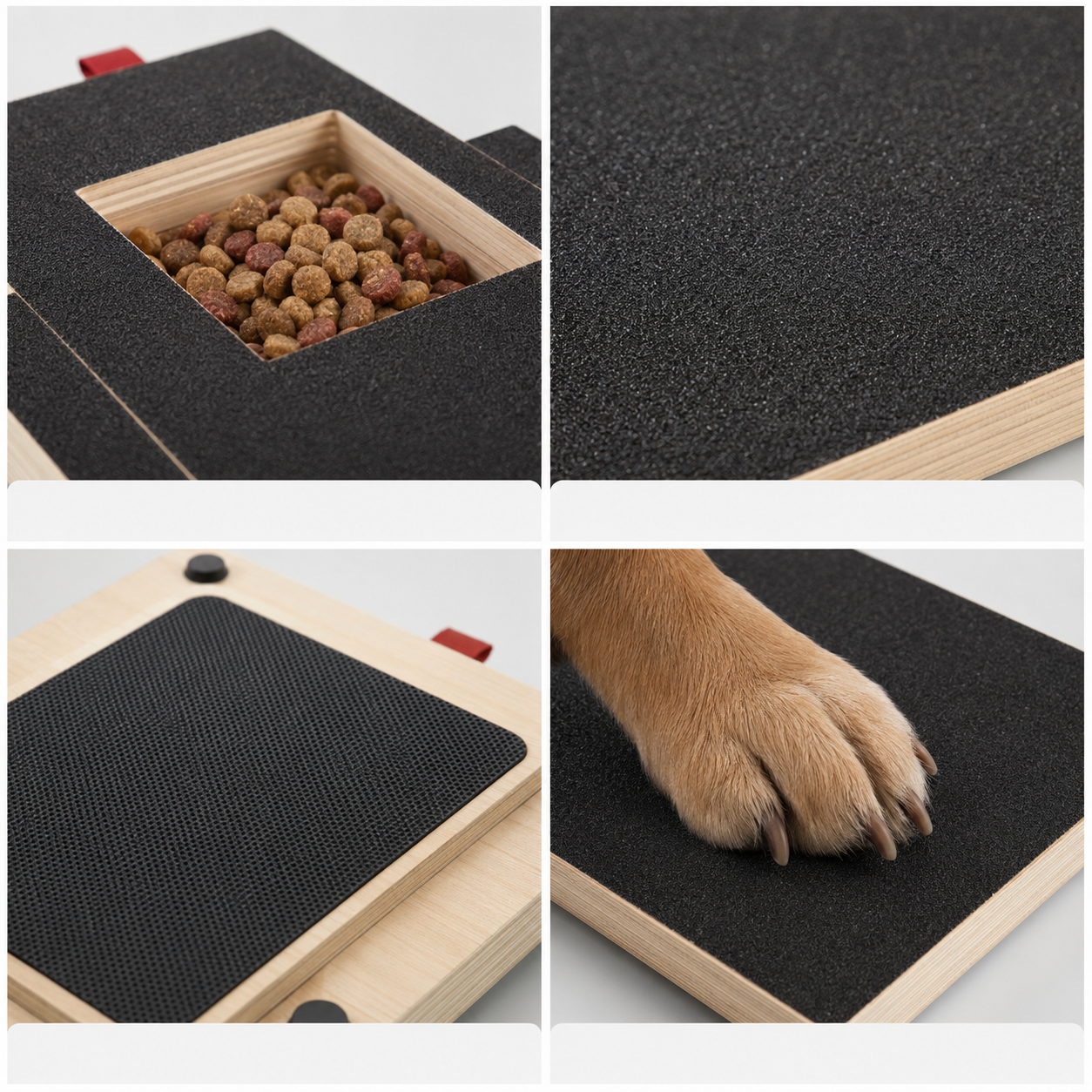 Close views of the treat area, filing surface, base and a front paw on the board