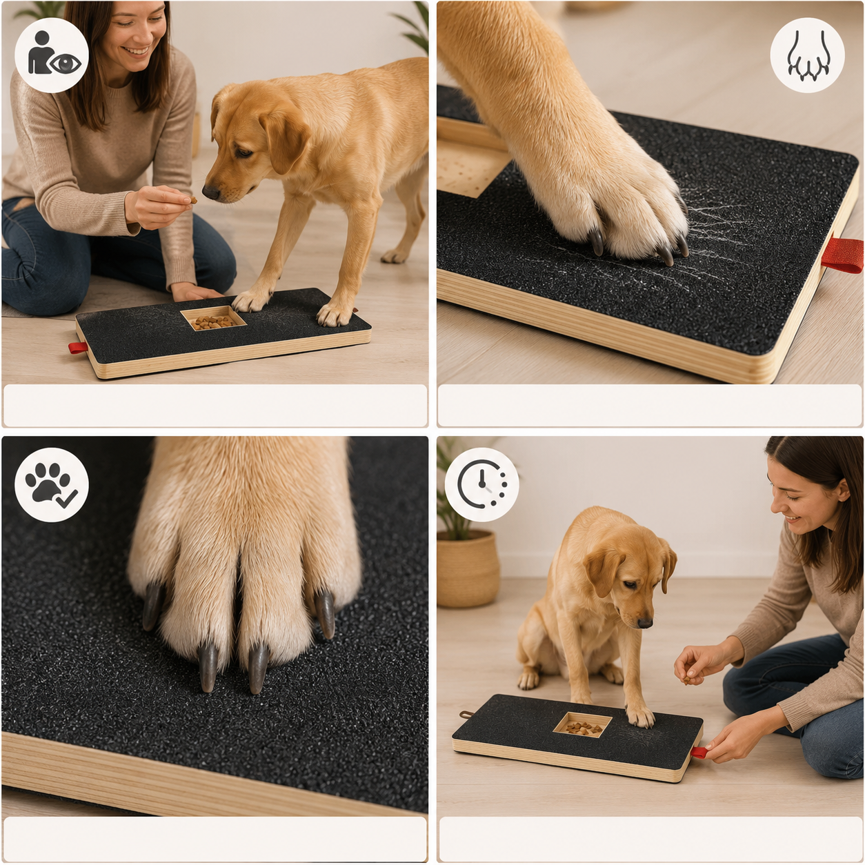 A supervised front-paw scratch-board session with close views of nail contact